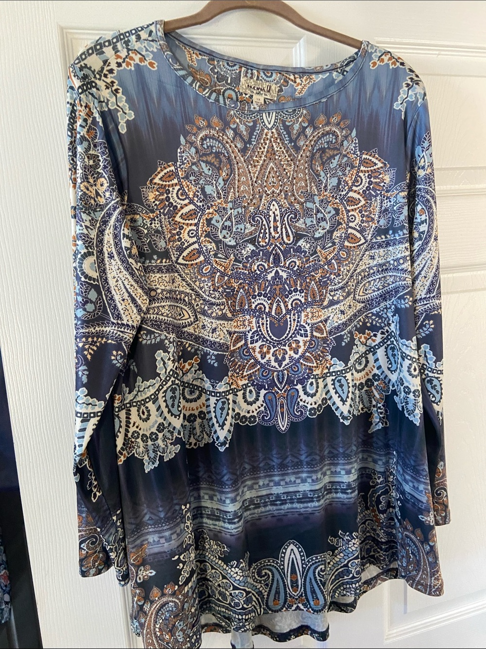 ONE WORLD Long Sleeve Paisley Tunic Top in Blue and Brown